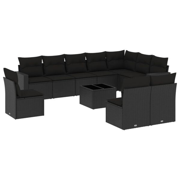 vidaXL Set Divani da Giardino 11 pz con Cuscini in Polyrattan Nero