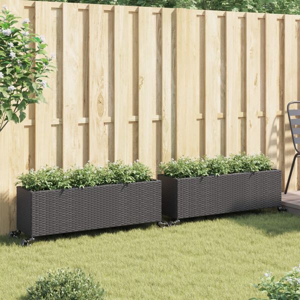 vidaXL Fioriere da Giardino con Ruote 2pz Nere 107x32x38 cm Polyrattan