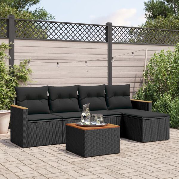 vidaXL Set Divano da Giardino 6 pz con Cuscini Nero in Polyrattan
