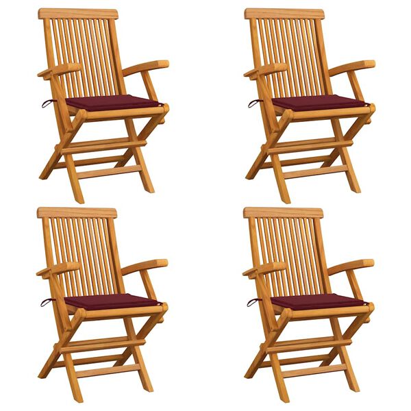 vidaXL Sedie Giardino con Cuscini Rosso Vino 4 pz Legno Massello Teak