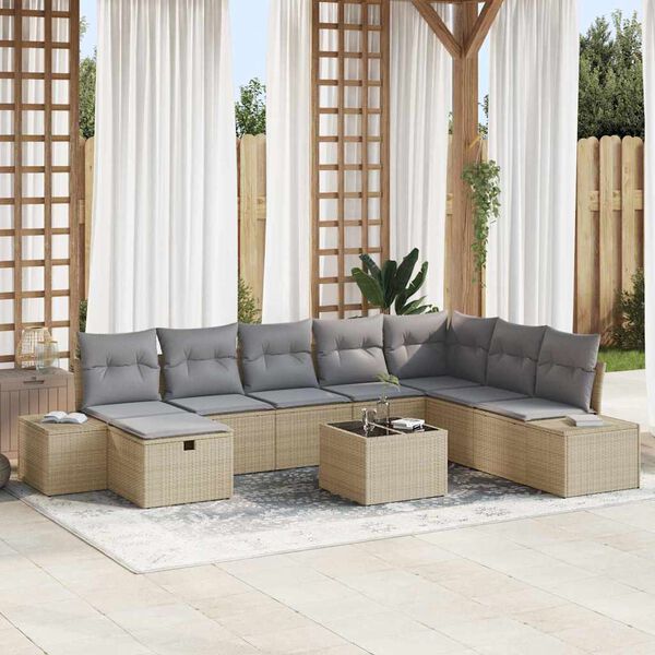 vidaXL Set Divano da Giardino con cuscino 9 pcs Beige Poly Rattan
