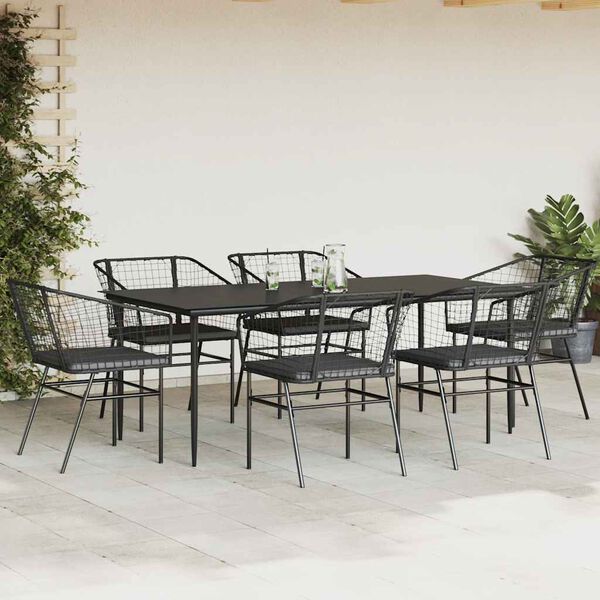 vidaXL Set Pranzo da Giardino 7 pz Nero con Cuscini Polyrattan Vetro