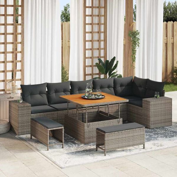vidaXL Set Divano da Giardino con cuscino 9 pcs Grigio polyrattan