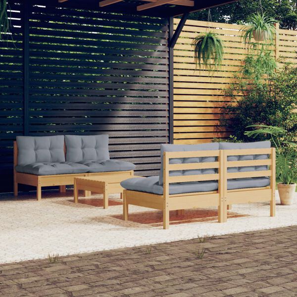 vidaXL Set Divani da Giardino 5 pz con Cuscini Grigi Massello di Pino