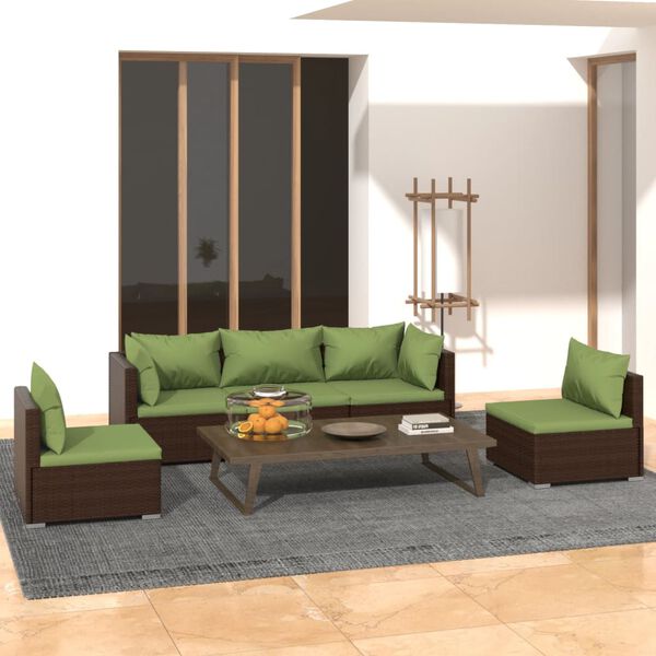 vidaXL Set Divani da Giardino 5 pz con Cuscini in Polyrattan Marrone
