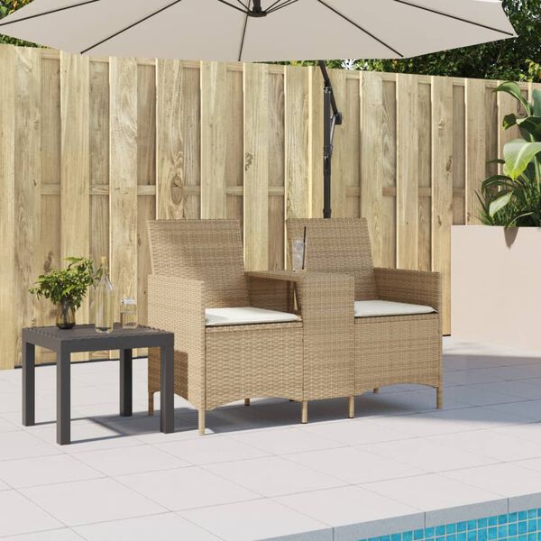 vidaXL Divano Giardino 2 Posti con Tavolo e Cuscini Beige Polyrattan
