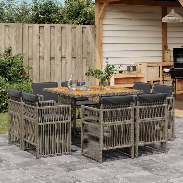 vidaXL Set da Pranzo da Giardino 9 pz con Cuscini in Polyrattan Grigio