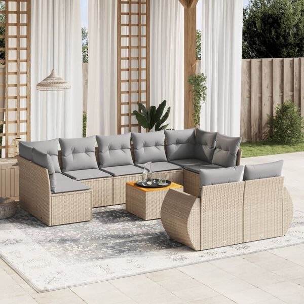 vidaXL Set Divano da Giardino 10 pz con Cuscini Beige in Polyrattan