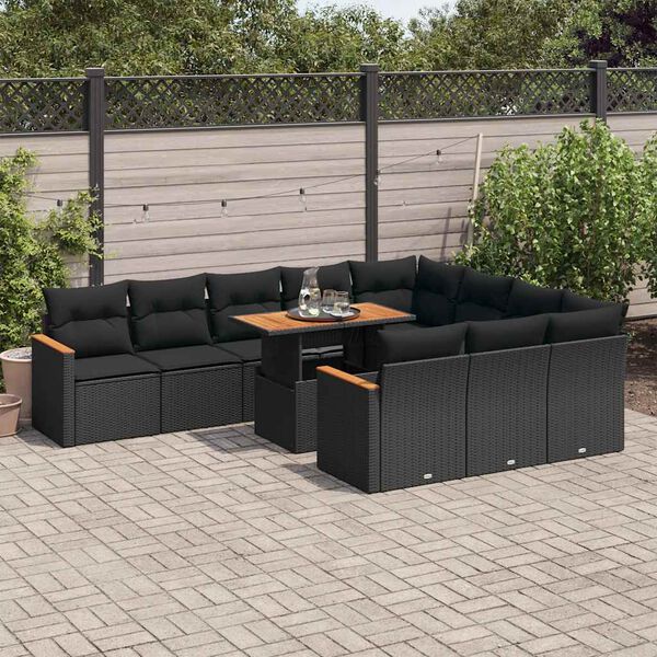 vidaXL Set Divani da Giardino 11 pz con Cuscini Polyrattan Acacia Nero