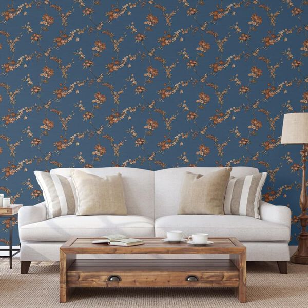 DUTCH WALLCOVERINGS Carta da Parati Flower Blu Scuro e Bronzo