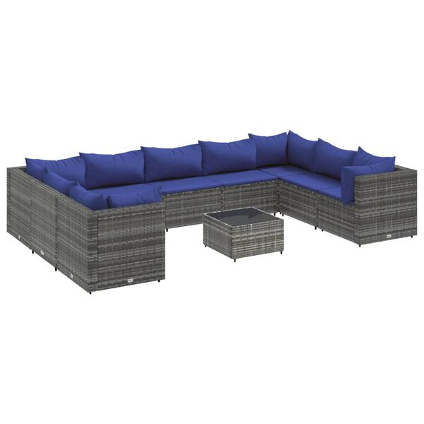 vidaXL Set Divani da Giardino 10 pz con Cuscini in Polyrattan Grigio