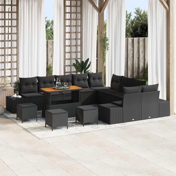 vidaXL Set Divano da Giardino con cuscino 14 pcs Nero Poly Rattan