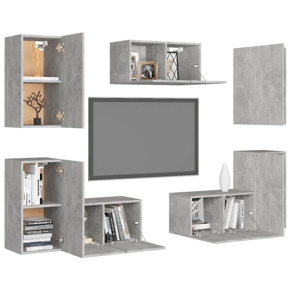 vidaXL Set di Mobili Porta TV 7 pz Grigio Cemento in Legno Multistrato