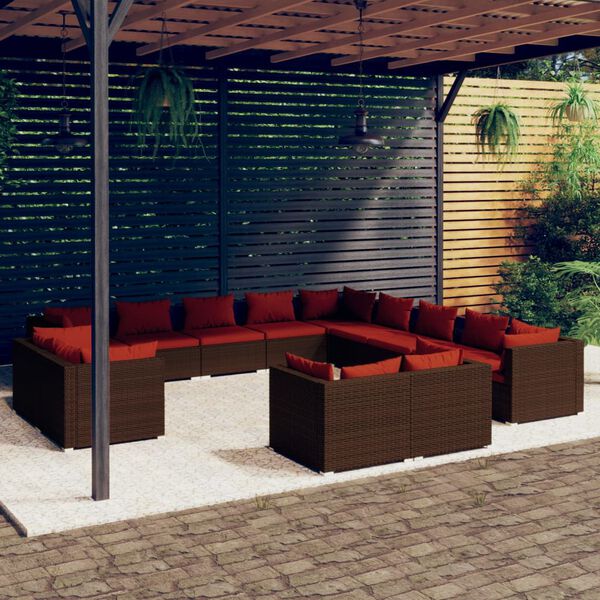 vidaXL Set Divani da Giardino 13 pz con Cuscini in Polyrattan Marrone