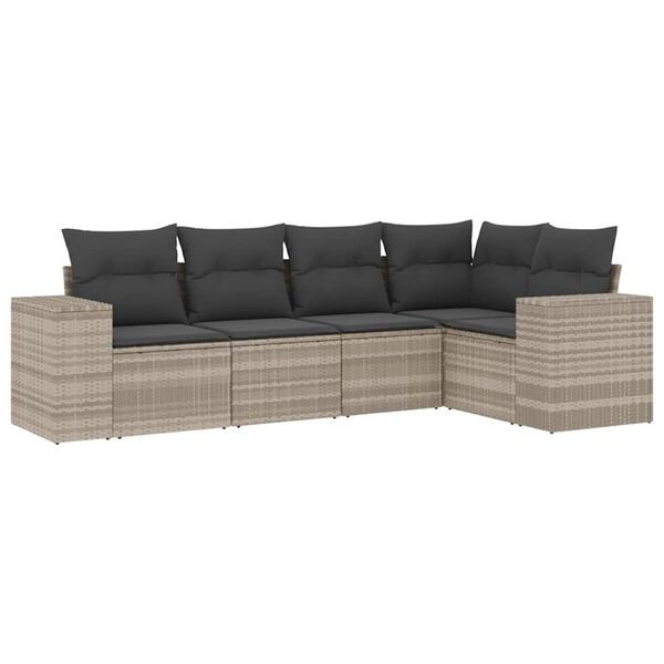 vidaXL Set Divano da Giardino 5pz con Cuscini Grigio Chiaro Polyrattan