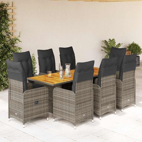 vidaXL Set Bistr&ograve; da Giardino 9 pz con Cuscini in Polyrattan Grigio