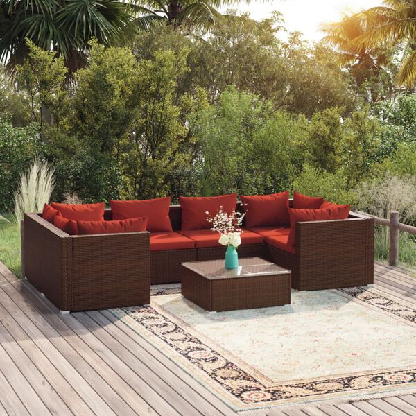 vidaXL Set Divani da Giardino 7 pz con Cuscini in Polyrattan Marrone