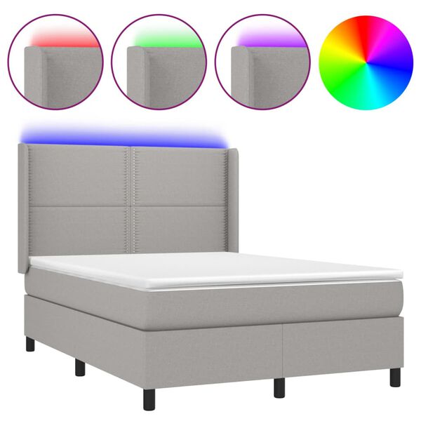 vidaXL Letto a Molle Materasso e LED Grigio Chiaro 140x200 cm Tessuto