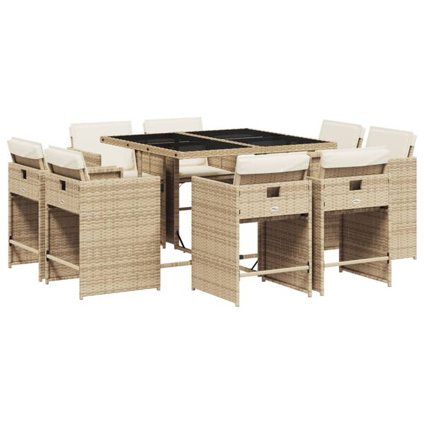 vidaXL Set da Pranzo da Giardino 9 pz con Cuscini Beige in Polyrattan