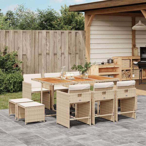 vidaXL Set da Pranzo da Giardino 11 pz con Cuscini Beige in Polyrattan