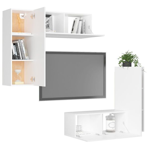 vidaXL Set Mobili Porta TV 4 pz Bianco in Legno Multistrato