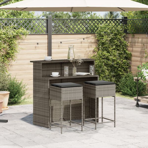 vidaXL Set Bar da Giardino 3pz con Cuscini Grigio in Polyrattan
