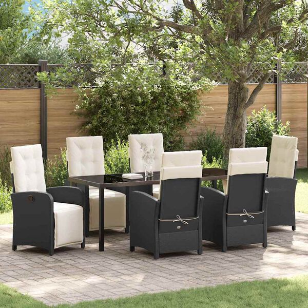 vidaXL Set da Pranzo per Giardino con cuscino 7 pcs Nero polyrattan