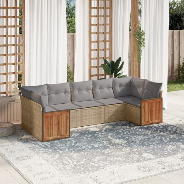 vidaXL Set Divani da Giardino 7 pz con Cuscini Beige in Polyrattan