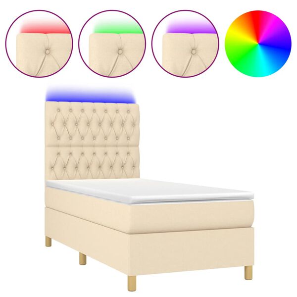vidaXL Letto a Molle con Materasso e LED Crema 90x190 cm in Tessuto