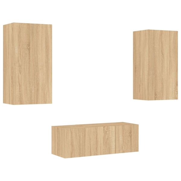 vidaXL Mobili TV a Muro con LED 4pz Rovere Sonoma Legno Multistrato