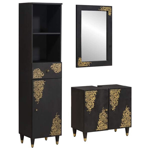 vidaXL Set di Armadi da Bagno 3 pcs Nero Legno di mango massello
