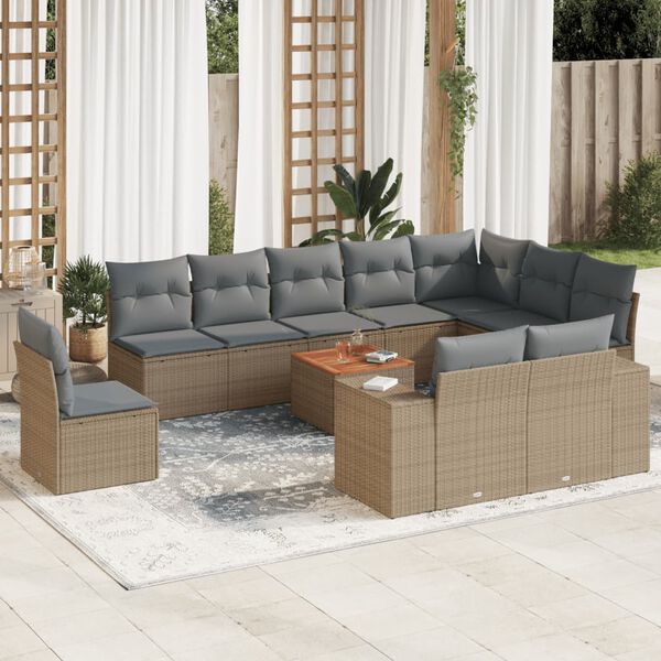 vidaXL Set Divani da Giardino 11 pz con Cuscini Beige in Polyrattan