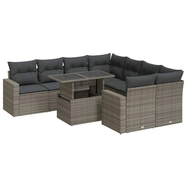 vidaXL Set Divano da Giardino 9 pz con Cuscini Grigio in Polyrattan