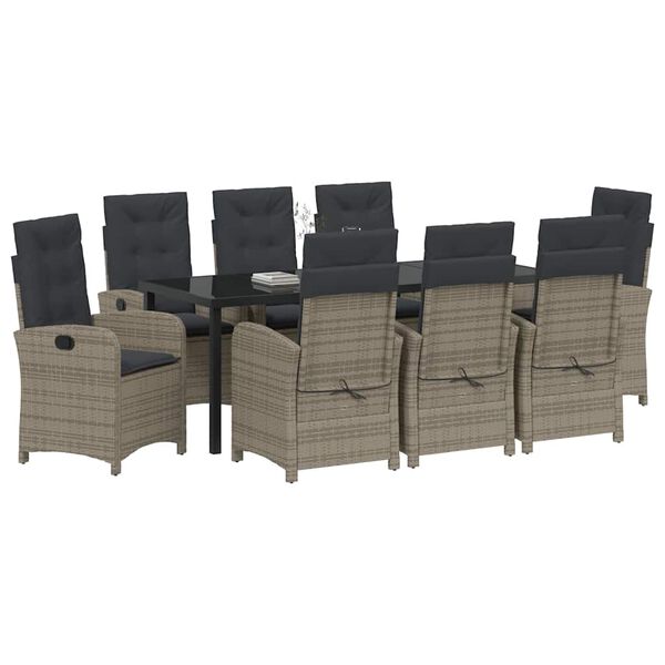 vidaXL Set da Pranzo per Giardino con cuscino 9 pcs Grigio polyrattan