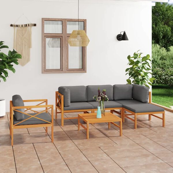 vidaXL Set Divani da Giardino 6pz Cuscini Grigi Legno Massello di Teak