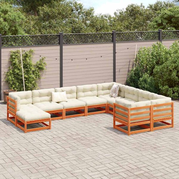 vidaXL Set Divani Giardino 10pz con Cuscini Marrone Cera Massello Pino