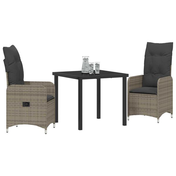 vidaXL Set da Pranzo per Giardino con cuscino 3 pcs Grigio Poly Rattan