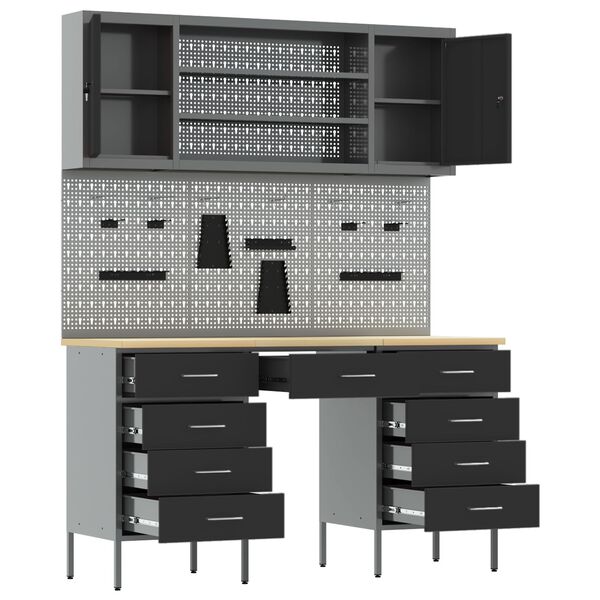 vidaXL Mobile da lavoro con cassetto 7 pcs Nero 150 x 55 x 200 cm