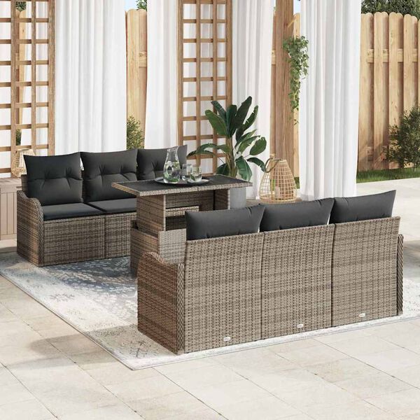 vidaXL Set Divano da Giardino con cuscino 7 pcs Grigio Poly Rattan
