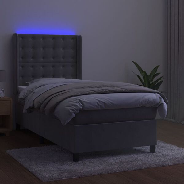 vidaXL Letto a Molle Materasso e LED Grigio Chiaro 80x200 cm Velluto