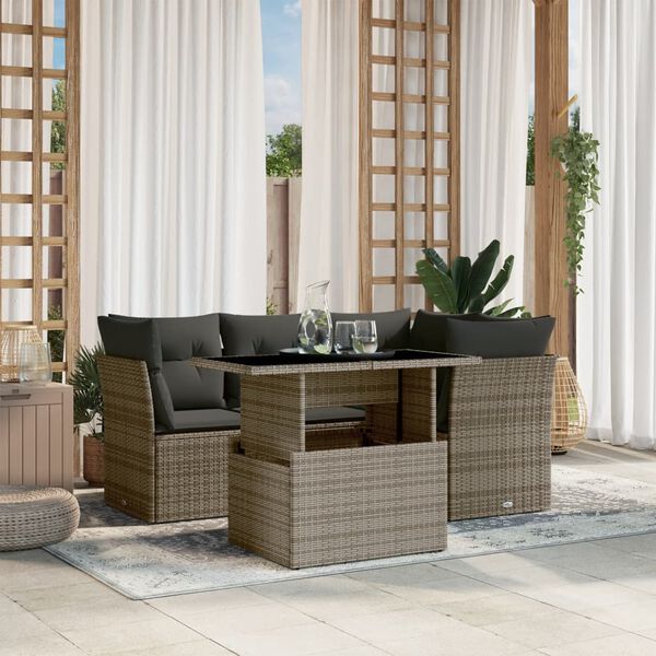 vidaXL Set Divano da Giardino 5 pz con Cuscini Grigio in Polyrattan