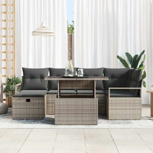 vidaXL Set Divano da Giardino con cuscino 7 pcs Grigio Poly Rattan