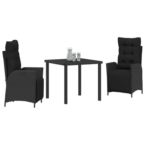 vidaXL Set da Pranzo per Giardino con cuscino 3 pcs Nero polyrattan