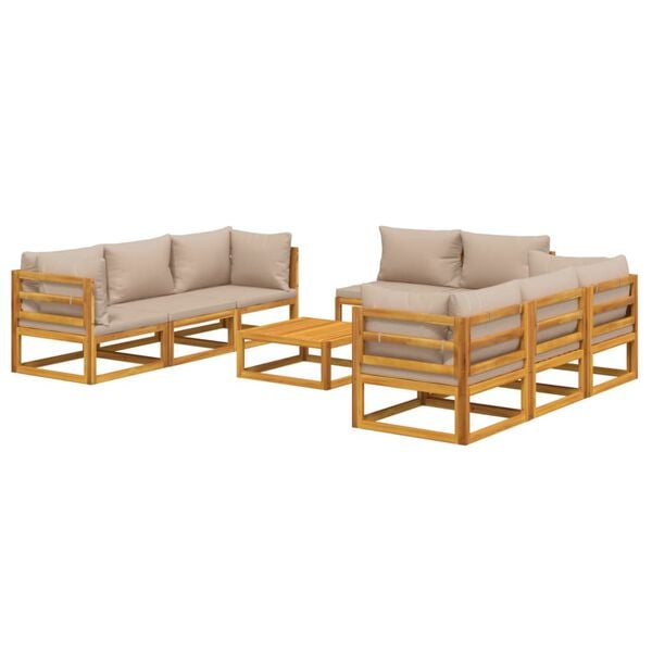 vidaXL Set Salotto da Giardino 9pz con Cuscini Tortora Legno Massello