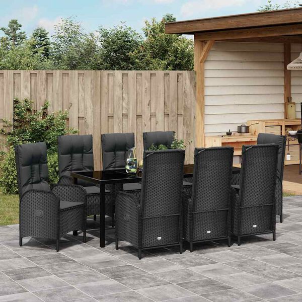 vidaXL Set da Pranzo per Giardino con cuscino 9 pcs Nero polyrattan