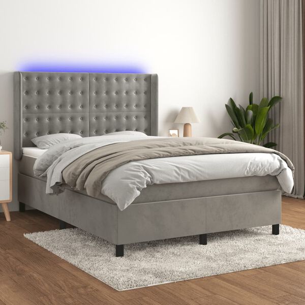 vidaXL Letto a Molle Materasso e LED Grigio Chiaro 140x200 cm Velluto