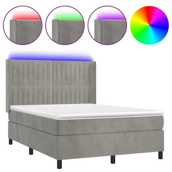 vidaXL Letto a Molle Materasso e LED Grigio Chiaro 140x190 cm Velluto