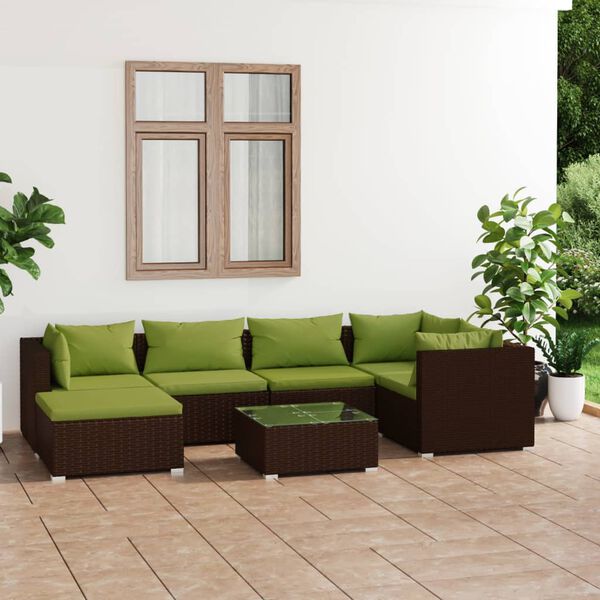 vidaXL Set Divani da Giardino 7 pz con Cuscini in Polyrattan Marrone