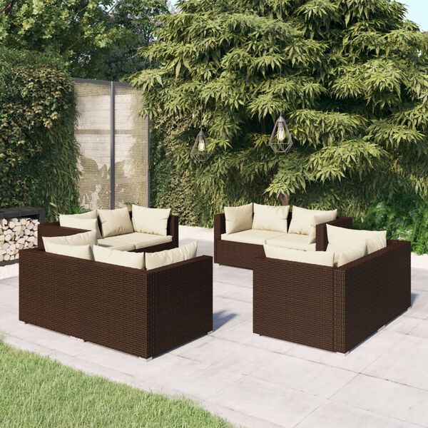 vidaXL Set Divani da Giardino 8 pz con Cuscini in Polyrattan Marrone