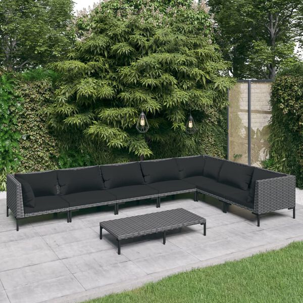 vidaXL Divani da Giardino 8 pz con Cuscini in Polyrattan Grigio Scuro